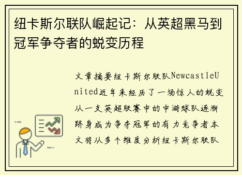 纽卡斯尔联队崛起记：从英超黑马到冠军争夺者的蜕变历程